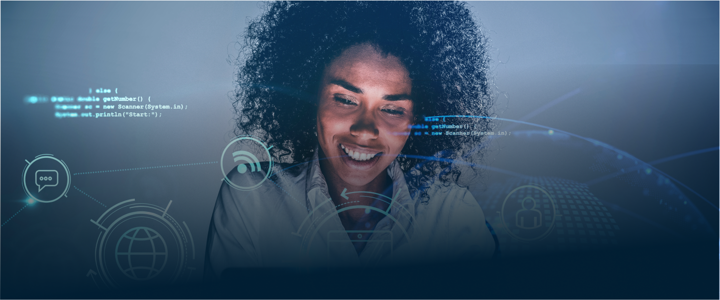 Two people smiling and talking in a modern cafe
